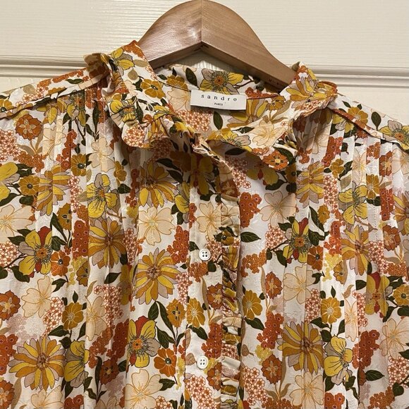 SANDRO PARIS Ecru Floral Viscose Long Balloon Sleeve Shirt Dress Sz 4 NWT MSRP$4 - Picture 5 of 11